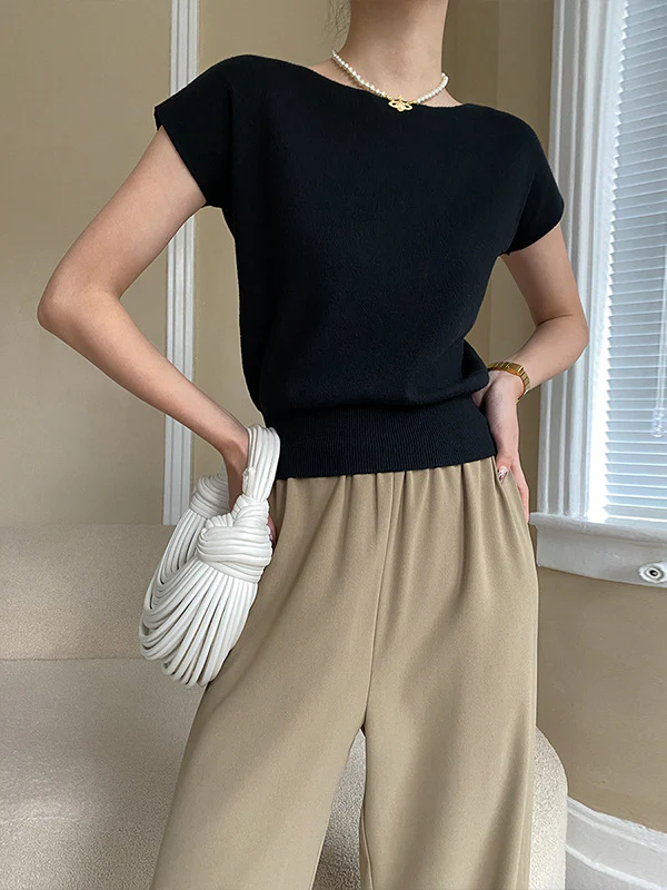 Stylish Loose Solid Color Boat Neck Knitwear Pullovers Tops - Image 2
