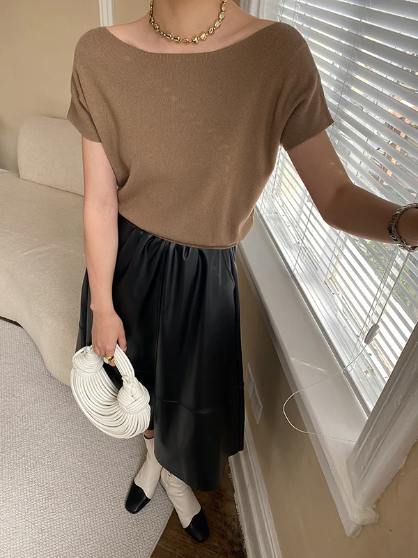 Stylish Loose Solid Color Boat Neck Knitwear Pullovers Tops - Image 22