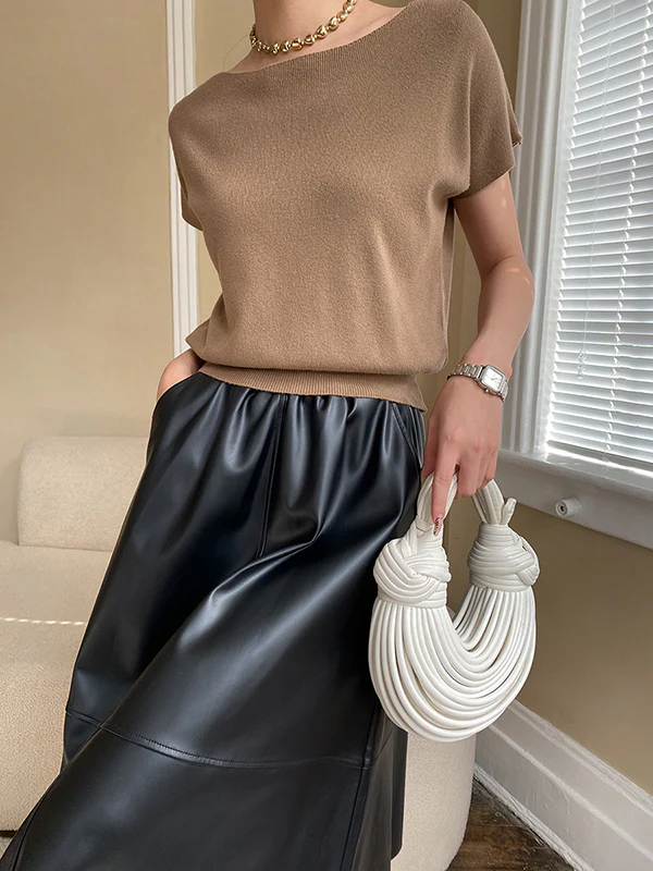 Stylish Loose Solid Color Boat Neck Knitwear Pullovers Tops - Image 23