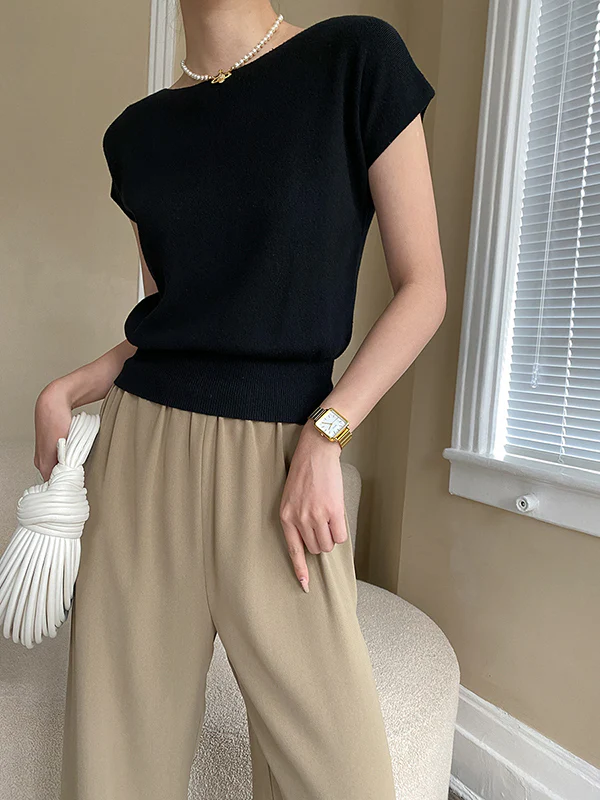 Stylish Loose Solid Color Boat Neck Knitwear Pullovers Tops - Image 26
