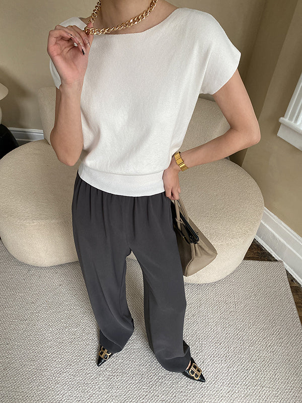 Stylish Loose Solid Color Boat Neck Knitwear Pullovers Tops - Image 28