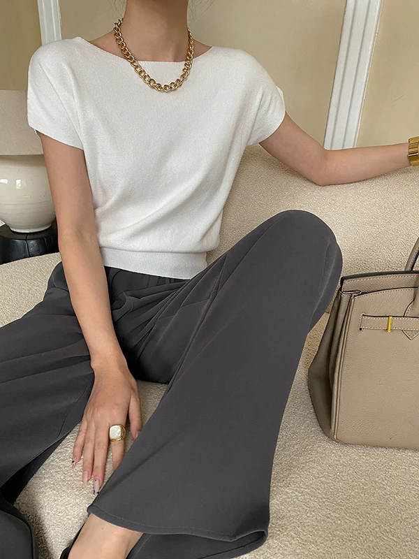 Stylish Loose Solid Color Boat Neck Knitwear Pullovers Tops - Image 29