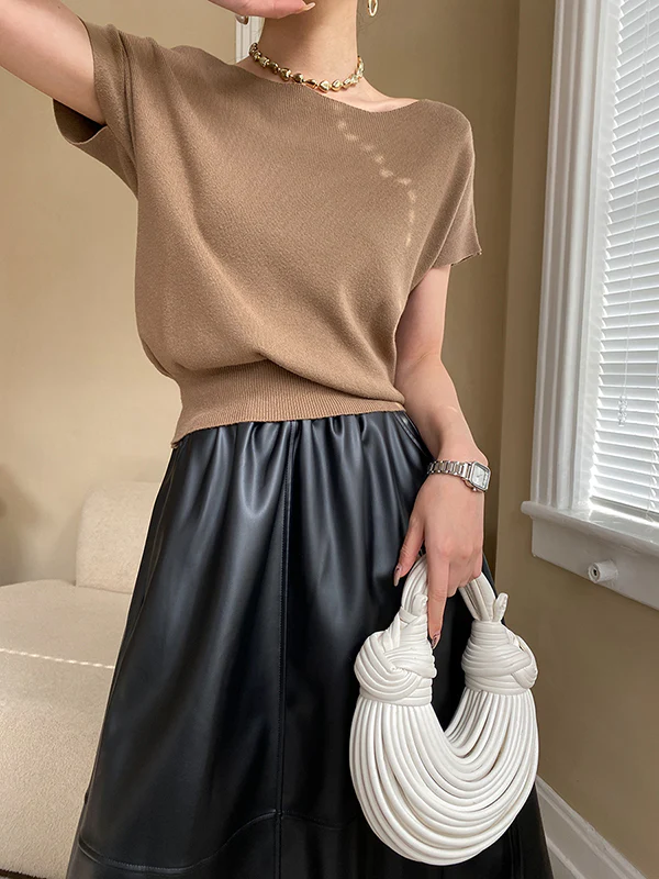 Stylish Loose Solid Color Boat Neck Knitwear Pullovers Tops - Image 3