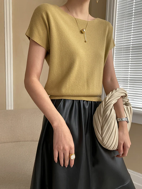 Stylish Loose Solid Color Boat Neck Knitwear Pullovers Tops - Image 4