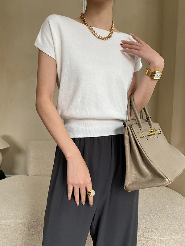 Stylish Loose Solid Color Boat Neck Knitwear Pullovers Tops - Image 5