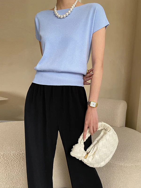 Stylish Loose Solid Color Boat Neck Knitwear Pullovers Tops - Image 7