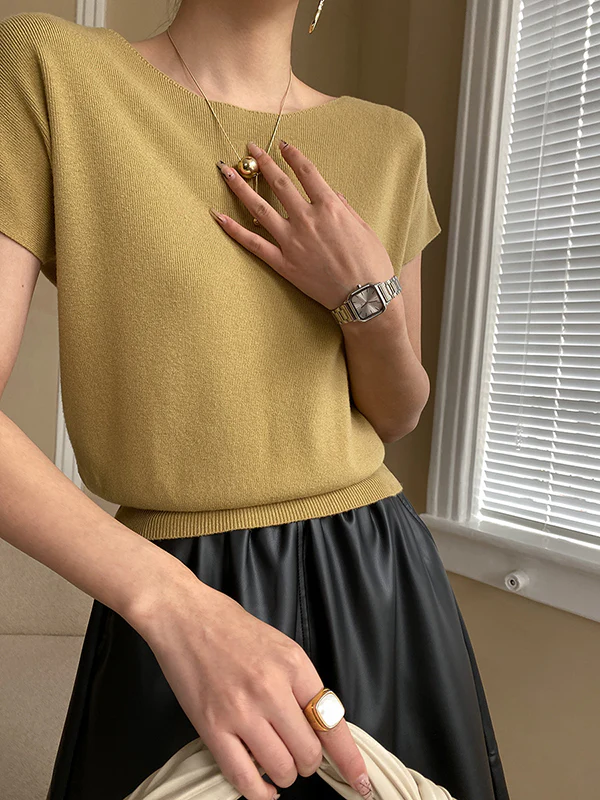 Stylish Loose Solid Color Boat Neck Knitwear Pullovers Tops - Image 8