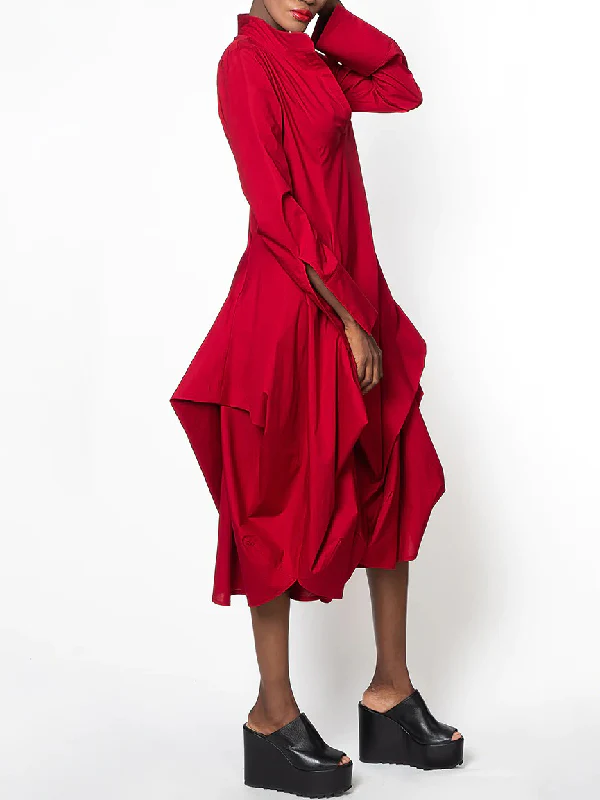 Stylish Loose Stand-Collar Long Sleeves Midi Dress - Image 3