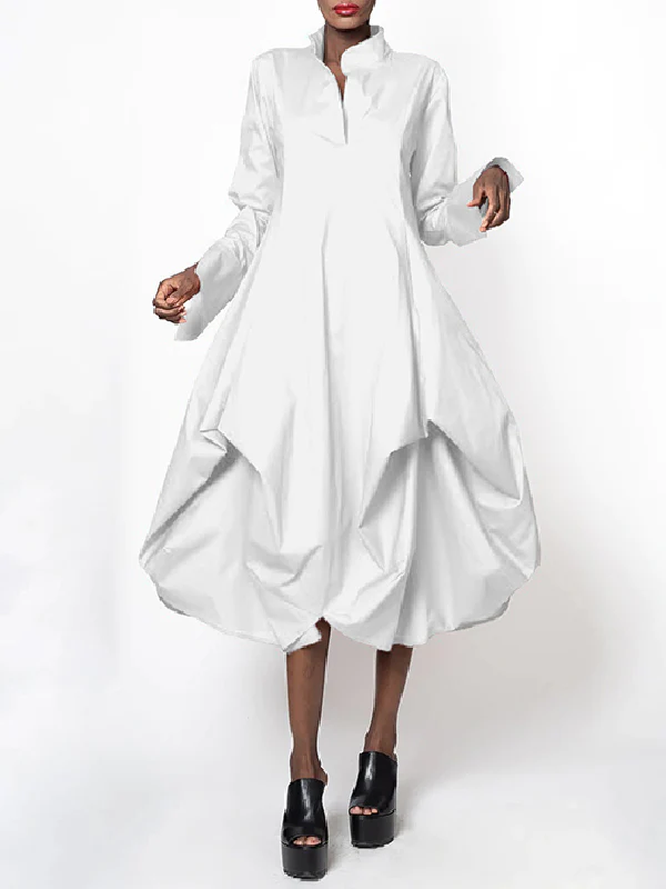 Stylish Loose Stand-Collar Long Sleeves Midi Dress - Image 5