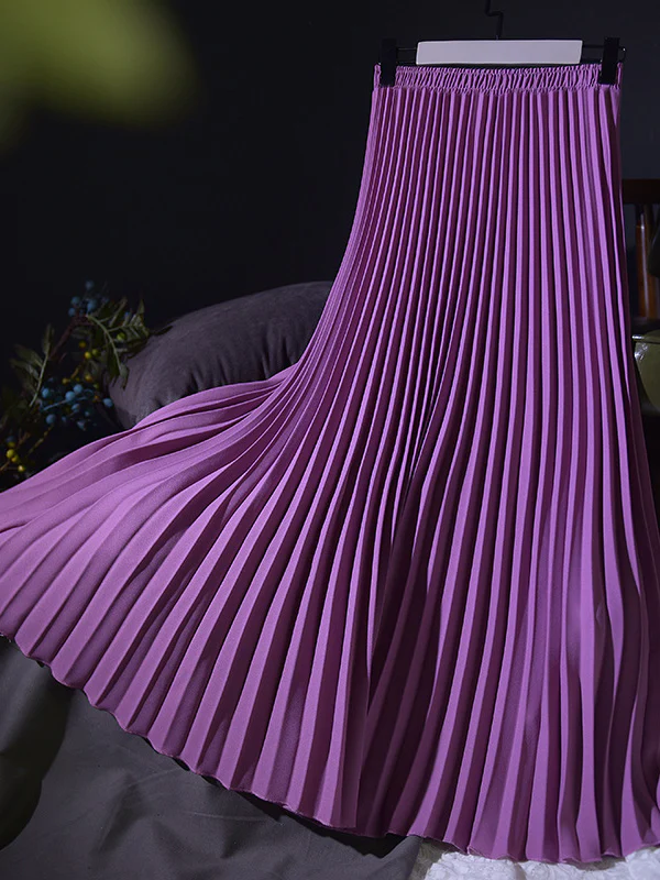 Stylish Pleated Solid Color Elastic Waist Skirts - Image 11
