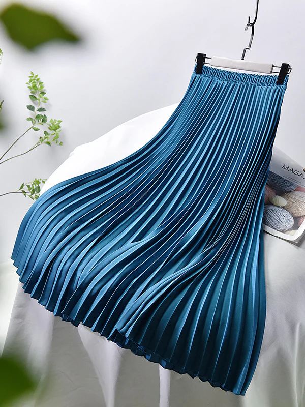Stylish Pleated Solid Color Elastic Waist Skirts - Image 14