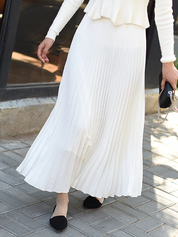 Stylish Pleated Solid Color Elastic Waist Skirts - Image 3