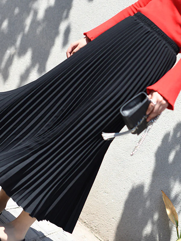 Stylish Pleated Solid Color Elastic Waist Skirts - Image 4