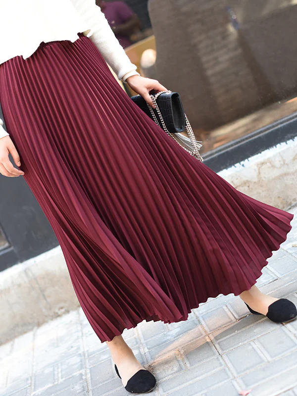 Stylish Pleated Solid Color Elastic Waist Skirts - Image 8