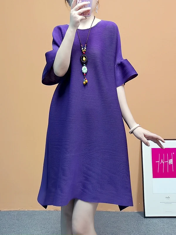 A-line Flared Sleeves Pleated Solid Color Round-neck Maxi Dresses Midi Dresses - Image 10