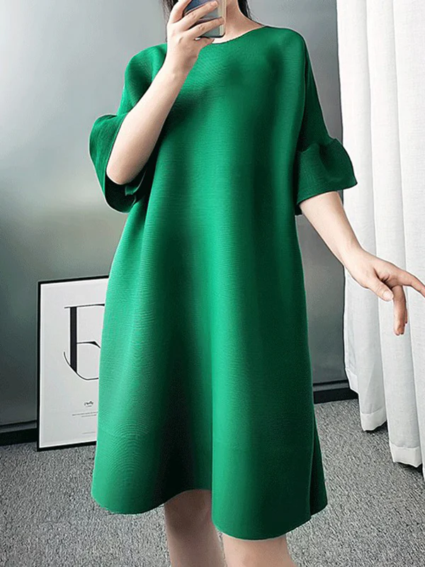 A-line Flared Sleeves Pleated Solid Color Round-neck Maxi Dresses Midi Dresses - Image 11