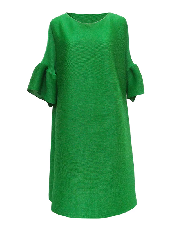 A-line Flared Sleeves Pleated Solid Color Round-neck Maxi Dresses Midi Dresses - Image 12
