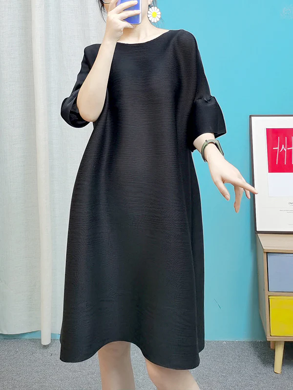 A-line Flared Sleeves Pleated Solid Color Round-neck Maxi Dresses Midi Dresses - Image 3