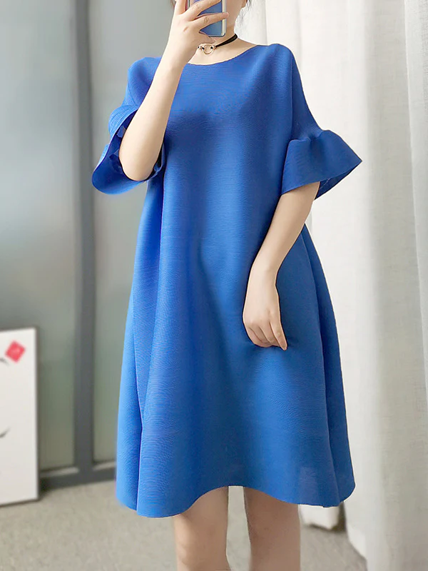 A-line Flared Sleeves Pleated Solid Color Round-neck Maxi Dresses Midi Dresses - Image 5