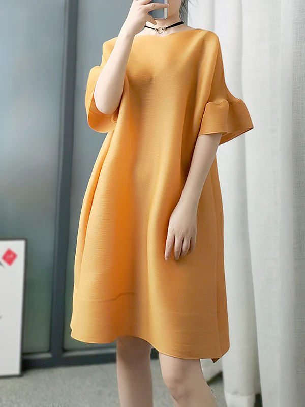 A-line Flared Sleeves Pleated Solid Color Round-neck Maxi Dresses Midi Dresses - Image 6
