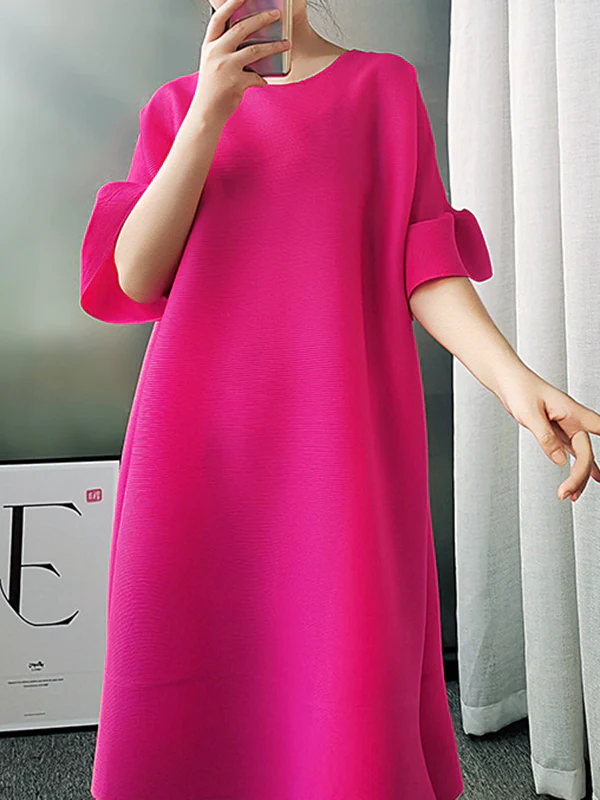 A-line Flared Sleeves Pleated Solid Color Round-neck Maxi Dresses Midi Dresses - Image 7