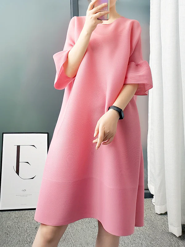 A-line Flared Sleeves Pleated Solid Color Round-neck Maxi Dresses Midi Dresses - Image 8