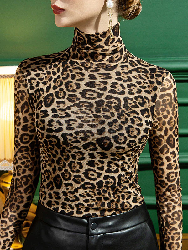 Stylish Selection Long Sleeves Skinny Leopard Half Turtleneck T-Shirts Tops - Image 2