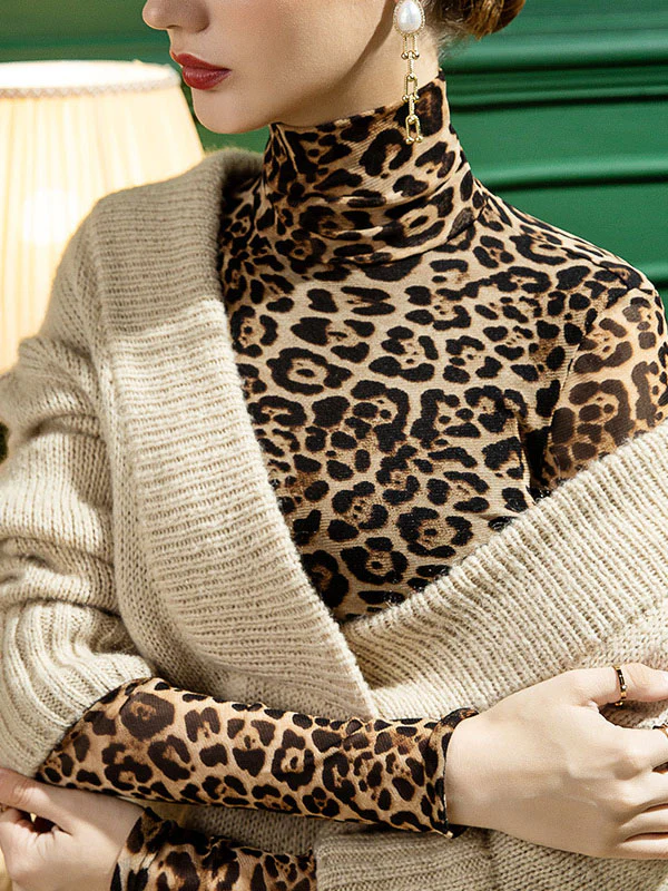 Stylish Selection Long Sleeves Skinny Leopard Half Turtleneck T-Shirts Tops - Image 3