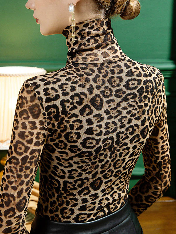 Stylish Selection Long Sleeves Skinny Leopard Half Turtleneck T-Shirts Tops - Image 4