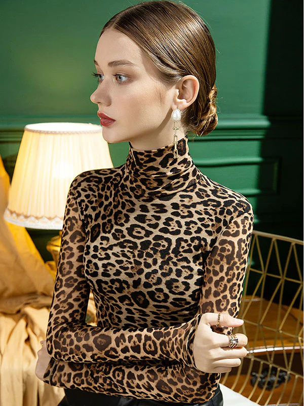Stylish Selection Long Sleeves Skinny Leopard Half Turtleneck T-Shirts Tops - Image 7