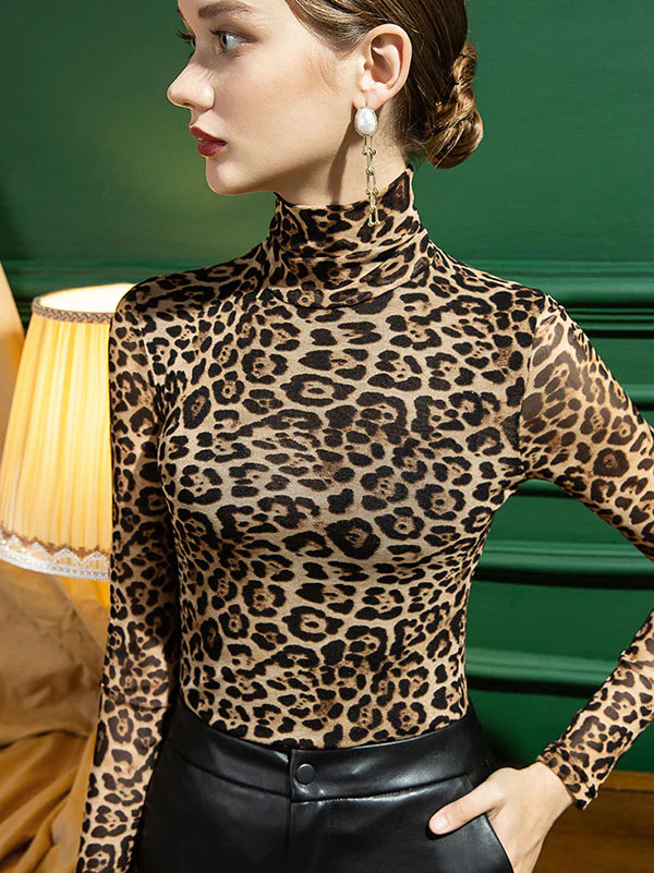 Stylish Selection Long Sleeves Skinny Leopard Half Turtleneck T-Shirts Tops - Image 8