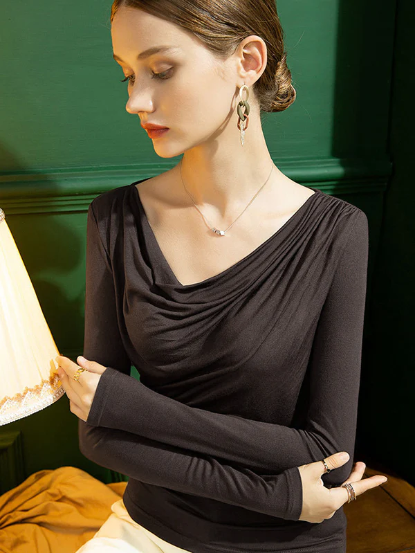 Stylish Selection Long Sleeves Skinny Pleated Solid Color T-Shirts Tops - Image 4