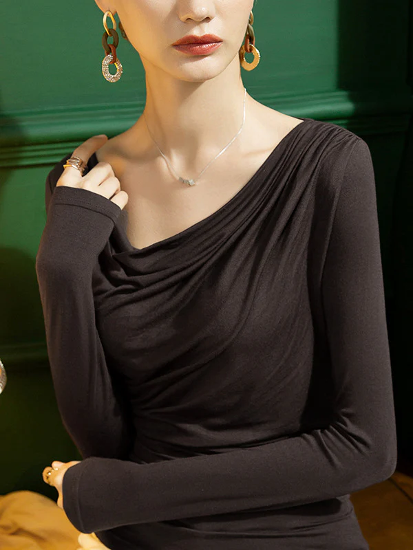 Stylish Selection Long Sleeves Skinny Pleated Solid Color T-Shirts Tops - Image 5