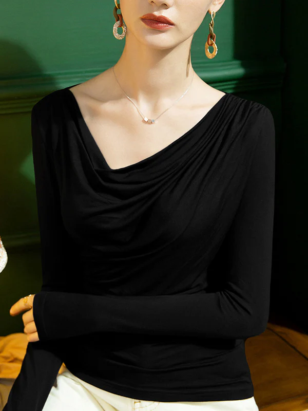 Stylish Selection Long Sleeves Skinny Pleated Solid Color T-Shirts Tops - Image 6