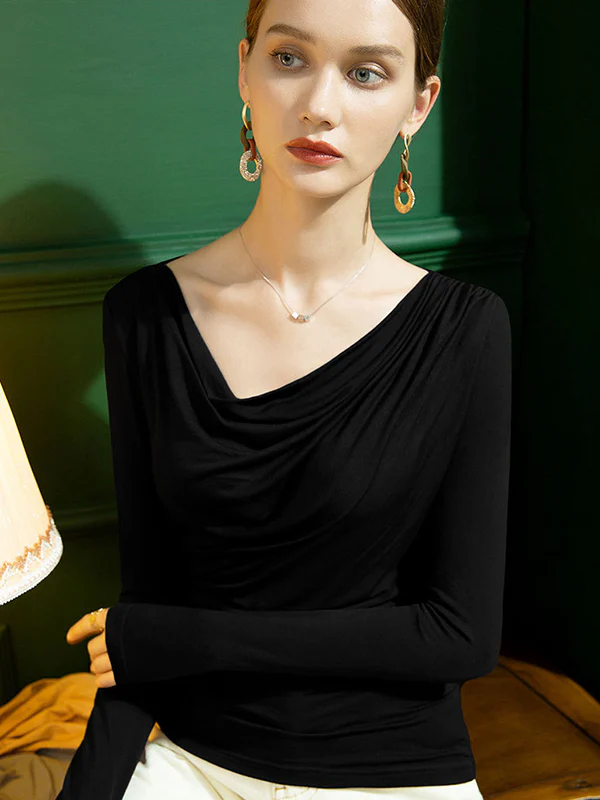 Stylish Selection Long Sleeves Skinny Pleated Solid Color T-Shirts Tops - Image 7