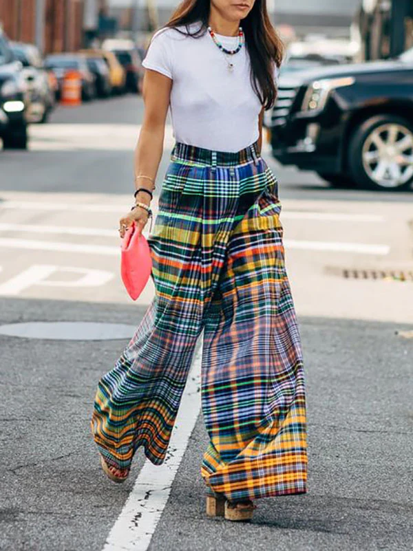 Stylish Selection Wide Leg Loose Checkerboard Printed Casual Pants Bottoms - Image 5