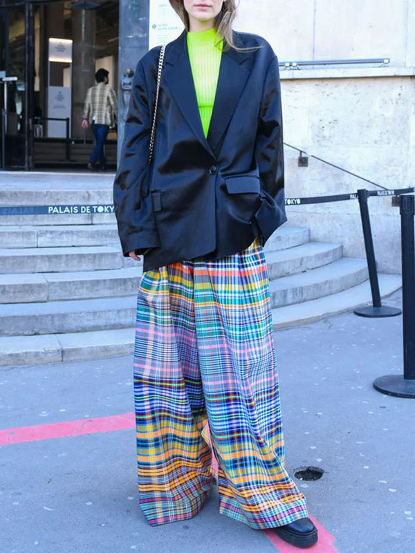 Stylish Selection Wide Leg Loose Checkerboard Printed Casual Pants Bottoms - Image 7
