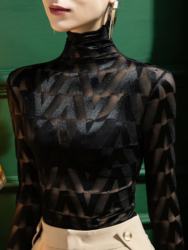 Stylish Skinny Long Sleeves Embroidered Split-Joint Checkered High-Neck T-Shirts Tops - Image 2