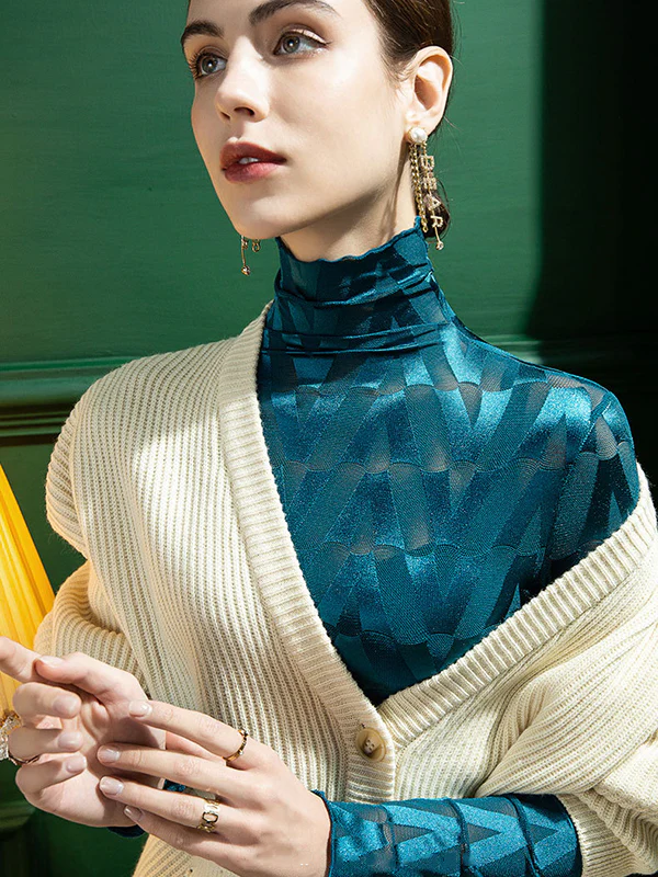 Stylish Skinny Long Sleeves Embroidered Split-Joint Checkered High-Neck T-Shirts Tops - Image 5