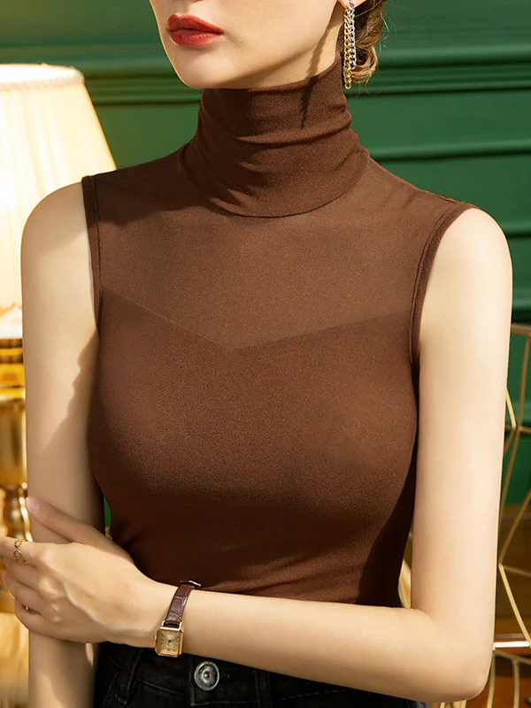Stylish Skinny Sleeveless Mesh Split-Joint Solid Color High-Neck Vest Top - Image 2