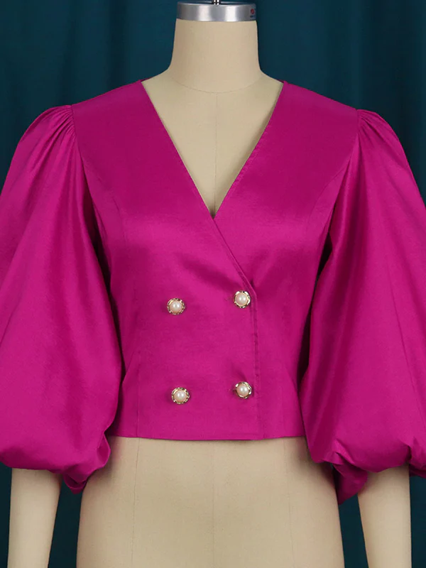 Stylish V-Neck Puff Sleeves Fuchsia Blouse - Image 3