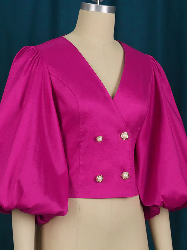 Stylish V-Neck Puff Sleeves Fuchsia Blouse - Image 4