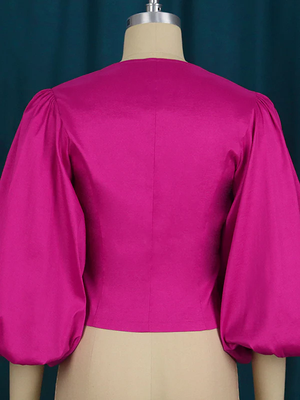 Stylish V-Neck Puff Sleeves Fuchsia Blouse - Image 5