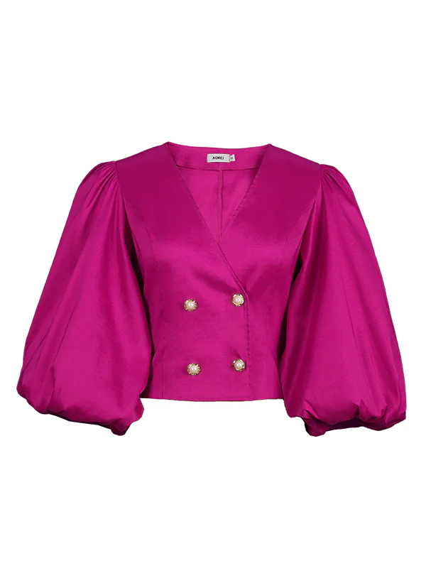 Stylish V-Neck Puff Sleeves Fuchsia Blouse - Image 6