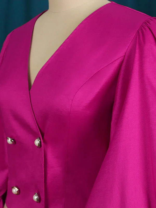 Stylish V-Neck Puff Sleeves Fuchsia Blouse - Image 7