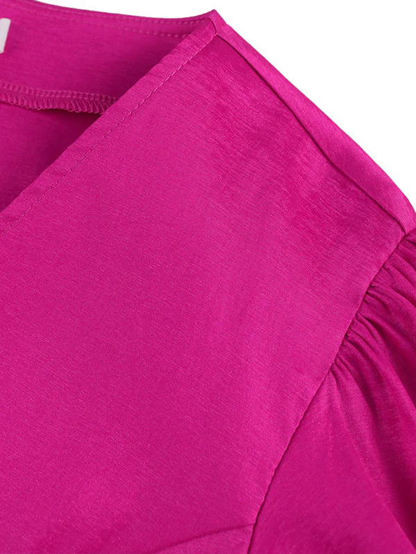 Stylish V-Neck Puff Sleeves Fuchsia Blouse - Image 8