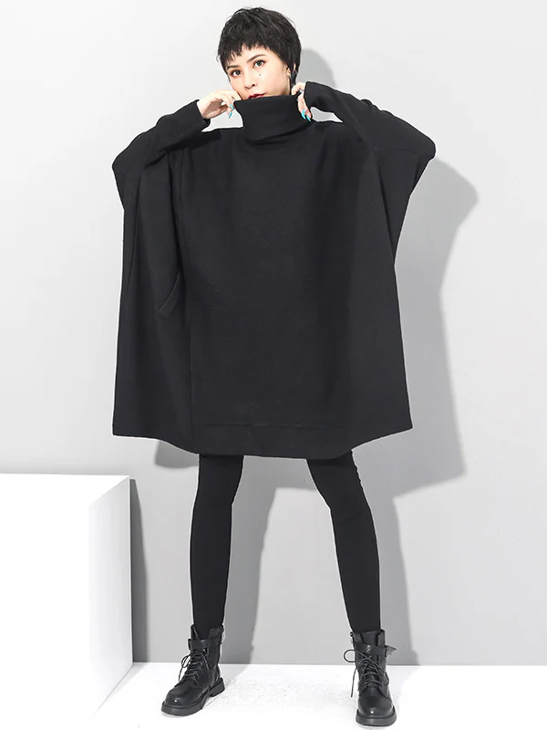 Super Loose Black High-Neck Knitting Batwing Sleeves Sweater Dress - Image 2