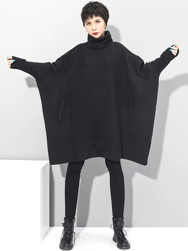 Super Loose Black High-Neck Knitting Batwing Sleeves Sweater Dress - Image 3