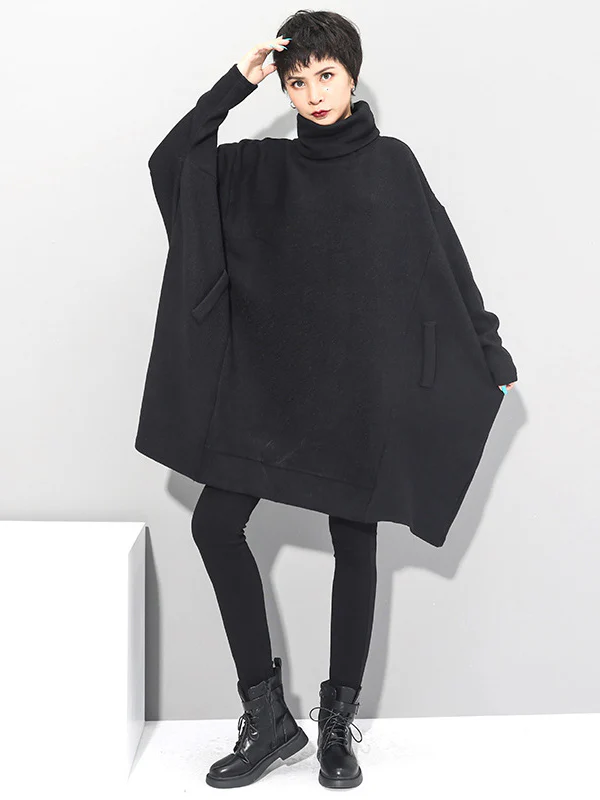 Super Loose Black High-Neck Knitting Batwing Sleeves Sweater Dress - Image 4