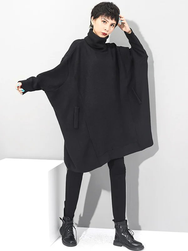 Super Loose Black High-Neck Knitting Batwing Sleeves Sweater Dress - Image 5